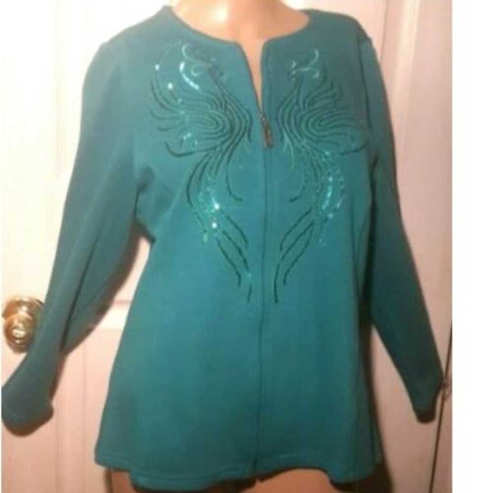 Bob Mackie Peacock Embellished Zip Up Cardigan